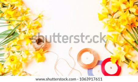 the yellow flowers are daffodils and colored tape with a length of rope on a white background, top view