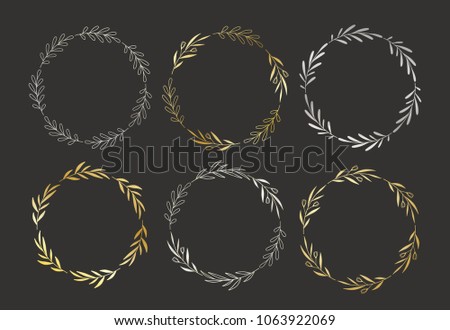 Set of golden and silver hand drawn vector round floral wreaths