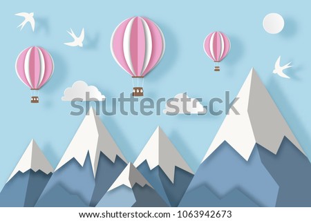 Landscape with snowy mountains, hot air balloons, clouds and birds. Paper cut out art digital craft style. Vector illustration