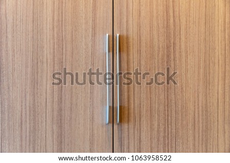 Door handles made of shiny metal, straight lines. The cabinet wall is beautiful.