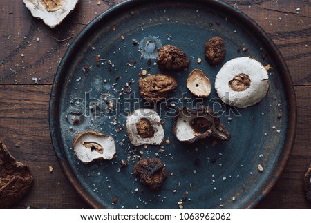 Dried organic white mushrooms in plate top view