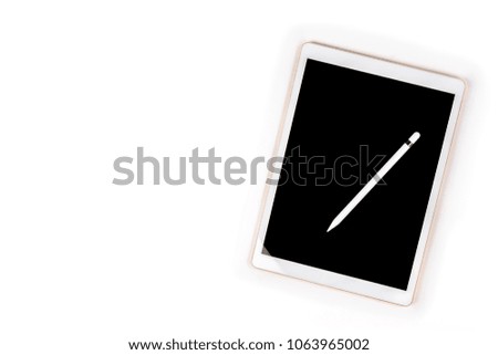 Office table with digital tablet, smartphone and pencil on isolated pure white background / Laptop and tablet mockup concept. (Selective Focus)