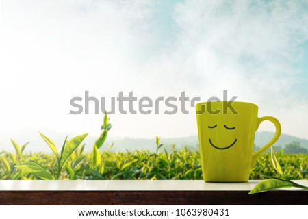Happy and Relaxation Concept. A Cup of Hot Tea with Smiley Face on Table in front of Green Tea Plantaion Farm, Mountain with Mist as background 