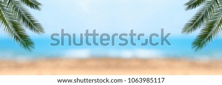 Abstract summer vacation and holiday background with natural green palm leaf over bokeh tropical sea waves. Copy space for vacation and business travel concept. Banner format