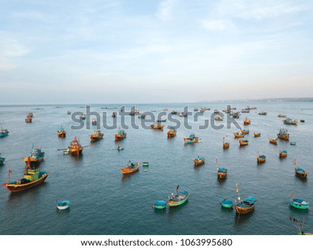 Top view. Aerial view from drone. Royalty high quality free stock image of Mui Ne fishing harbour or fishing village. Mui Ne fishing harbor is a popular tourist destination. Phan Thiet city, Vietnam