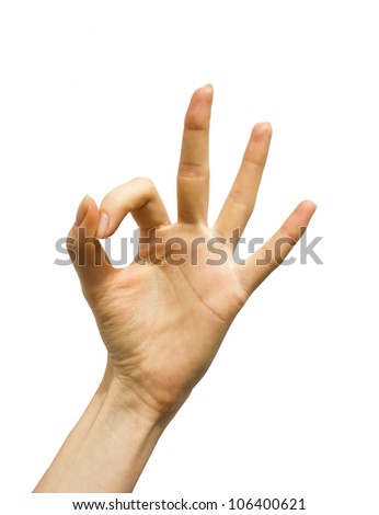 Closeup image of female hand gesturing sign ok (okay). Isolated on white background