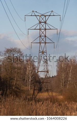High-voltage transmission line in the spring forest at sunset against the background of the April blue sky with light clouds. Silhouettes of trees in the background.