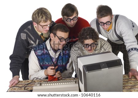 Five nerdy guys playing on old-fashioned computer. They are enjoying it. Front view, white background