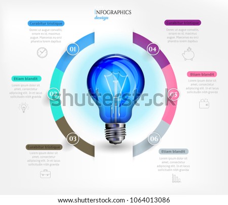 Modern business infographic template, background with graph, six steps, line icons, blue light bulb, isolated on bright background