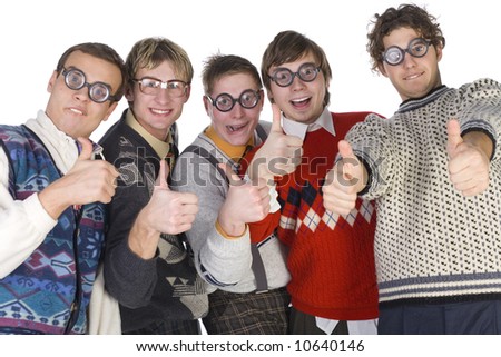 Five nerdy guys in funny glasses, smiling and looking at camera with raised thumbs. Front view, white background