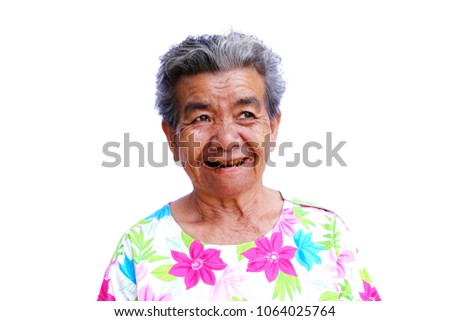 Happy Asian older woman, Grandmother wearing a colorful shirt with isolated on white background. Concepts about seniority.