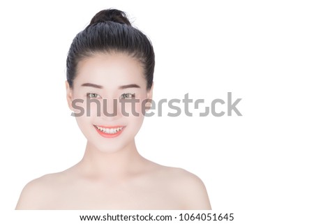 Woman Touching her Face. Facial treatment . Cosmetology , beauty and spa . Pure Beauty Model. Youth and Skin Care Concept.while isolated on white background