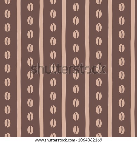 Coffee beans and doodle style vertical stripes, streaks, bars, lines seamless repeat pattern. Simple flat design striped regular texture, template for coffee house. Shades of brown vector background.