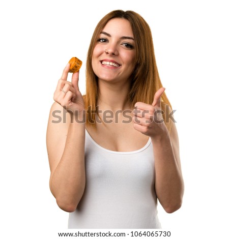 Slim woman with tape measure with thumb up