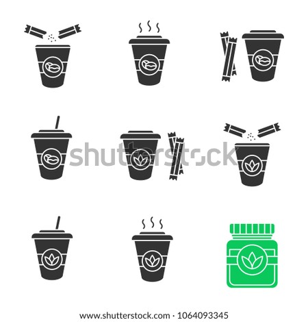 Coffee and tea drinks with sugar glyph icons set. Detox herbs and cocktails. Silhouette symbols. Vector isolated illustration