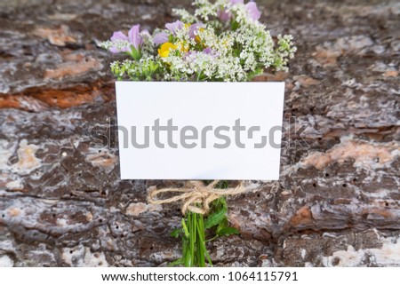 Creative layout with wild flowers bouquet and a business card on a tree bark in the summer. Adventures in the wild.