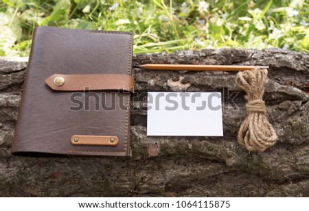 Creative layout with journal, pencil, twine, and a business card on a fallen tree in the summer. Adventures in the wild.