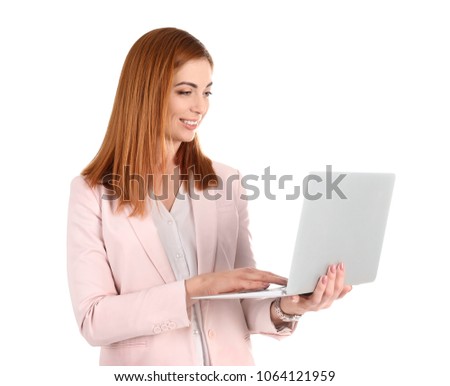 Beautiful young teacher with laptop on white background