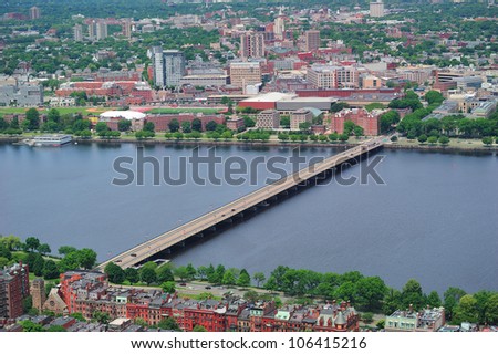Boston Charles River aerial view with buildings and bridge.