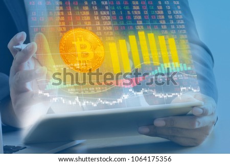 Businessman with bitcoin digital currency stock market financial positive indicator background. Double exposure of growth digital futuristic stock market financial. blockchain crypto currency concept