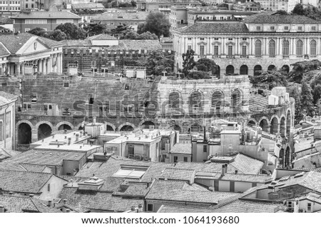 Panoramic aerial view from Lamberti Tower of Central Verona, Italy