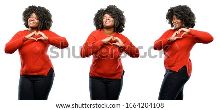 Young beautiful african plus size model happy showing love with hands in heart shape expressing healthy and marriage symbol isolated over white background. Collection composition 3 figures collage