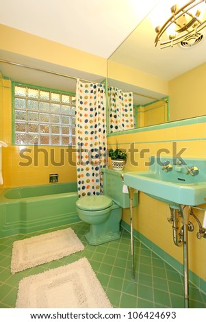 Rare lime green and yellow antique bathroom design.