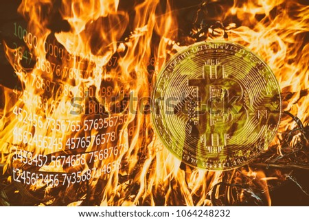 burning with orange flame of cryptocurrency mining Dual mining Gold Bitcoin cryptocurrency mining