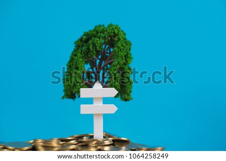 Tree growing on pile of golden coins and white wooden board sign, growth business finance investment and Corporate Social Responsibility or CSR practice and sustainable development concept idea.