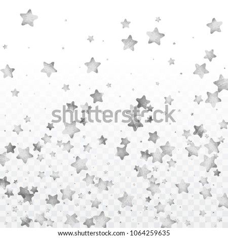 Star silver confetti. Celebrate background. Silver sparkles and dots on black backdrop. Luxury invitation card template. Falling stars. Glitter background. 