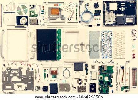 Computer hardware parts flat lay isolated on white