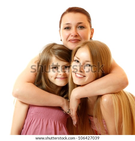 happy mother hugs daughters, isolated on white background