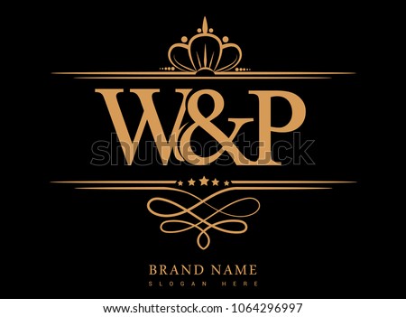 W&P Initial logo, Ampersand initial logo gold with crown and classic pattern