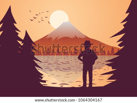 traveler stand to look at Fuji Mount at sunset around with tree
