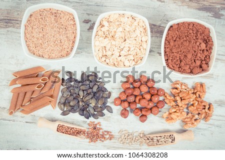 Vintage photo, Natural ingredients or products as source copper, minerals and dietary fiber, healthy nutrition concept