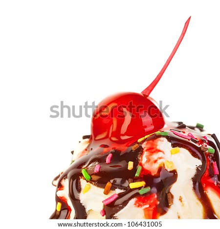 Ice cream border, frozen sweet yogurt topped with chocolate and strawberry syrup, decorated with cherry berry isolated over white background, delicious sweets design