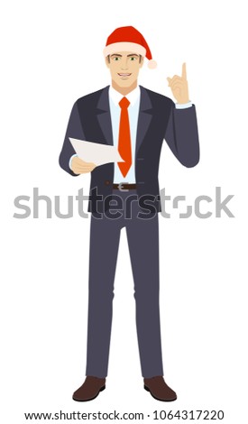 Businessman in Santa hat holding a paper and pointing up. Full length portrait of businessman in a flat style. Vector illustration.