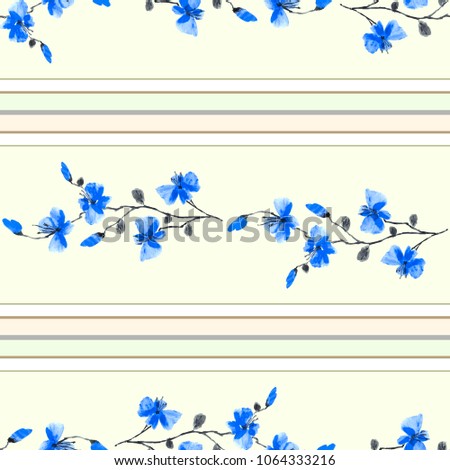 Seamless pattern small branchs of wild blue flowers on a light yellow background and horizontal stripes. Watercolor
