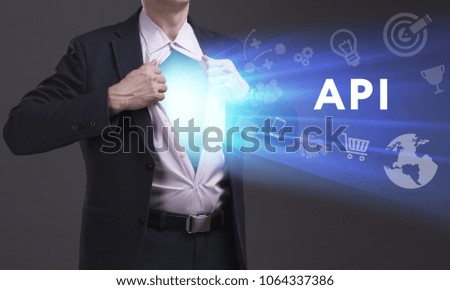 Business, Technology, Internet and network concept. Young businessman shows the word: API