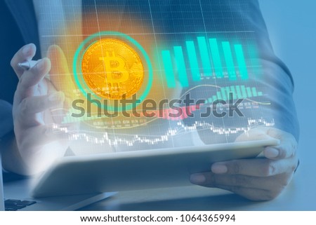 Businessman with bitcoin digital currency stock market financial positive indicator background. Double exposure growth infographic futuristic chart. blockchain crypto currency investor coin concept