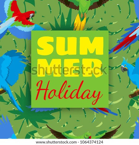 Summer holiday cards with tropical plants and parrots. Parrot seamless pattern. Holiday summertime banner, tropical jungle palm poster. Vector illustration