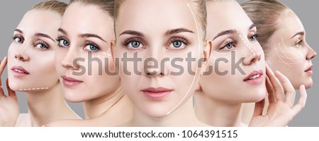 Collage of woman's faces with lifting arrows. Royalty-Free Stock Photo #1064391515