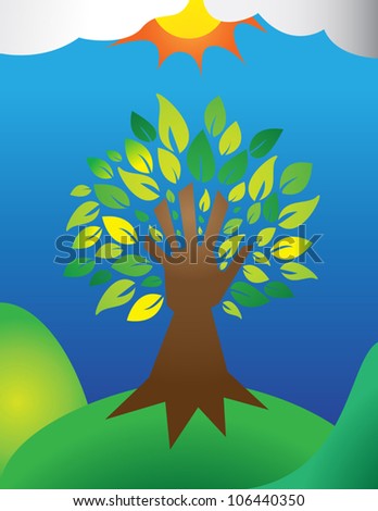 A tree with a hand for a trunk, symbolizing manÃ¢Â?Â?s responsibility to the Earth. Simple gradients.