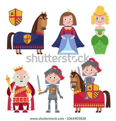 Colorful cartoon character of medieval tales showing princess and knight and king on white. 