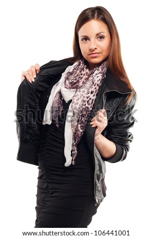 beautiful brunette in leather jacket with scarf on white background