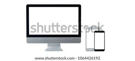 Computer display and mobile phone with blank white screen. Front view. Isolated on white background