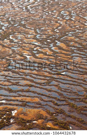 Aerial view of the impassable Siberian marshes during spring snow melting.