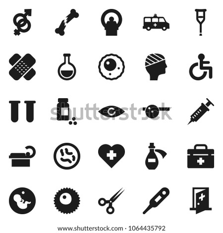 Flat vector icon set - pills vial vector, heart cross, doctor bag, disabled, thermometer, flask, eye, gender sign, pregnancy, syringe, crutches, scissors, broken bone, patch, microbe, potion