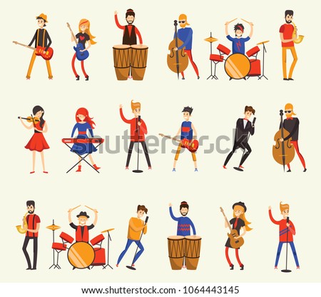 Vector illustration in a flat style of group of singing, playing guitar, drums, piano, saxophone and other music instrument people
