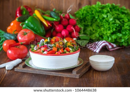 Fresh vegetable salad with cucumbers, tomatoes, peppers, radish and onion